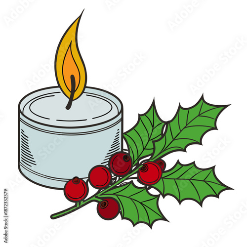 White Candle Burning Flame with Holly Berries Christmas Decoration Hand Drawn Vector Illustration