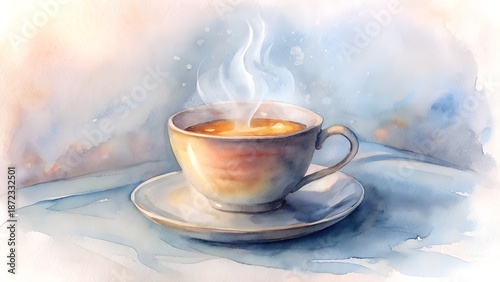 Steaming Cup Of Tea On A Saucer With A Sugar Cube And Soft Watercolor Background