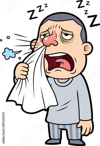 Man sneezing and feeling unwell with sleepiness.