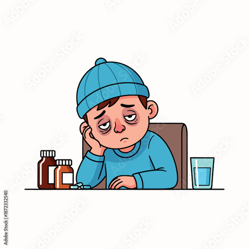 Sick Child Feeling Unwell With Medicine Nearby.