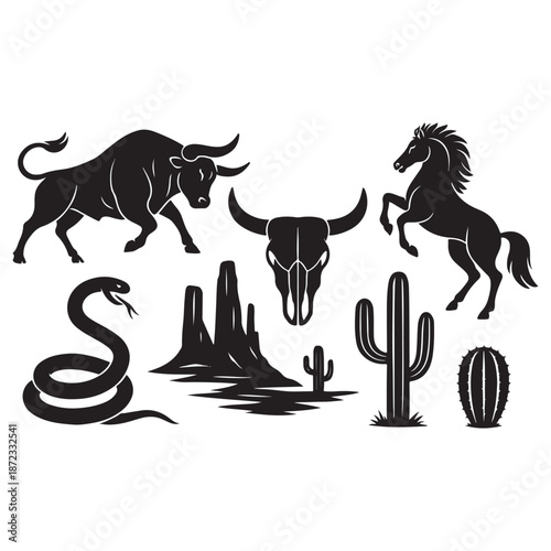 Western Desert Linocut Print Set – Boho Cactus, Canyon Wildlife & Rodeo Icons