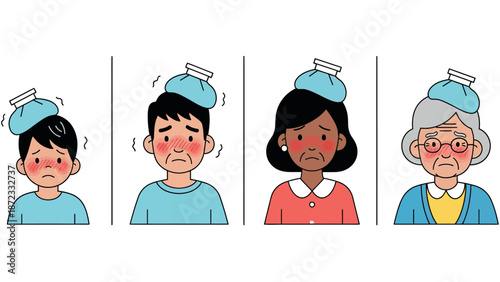 Diverse people suffering from fever and headache with ice packs.