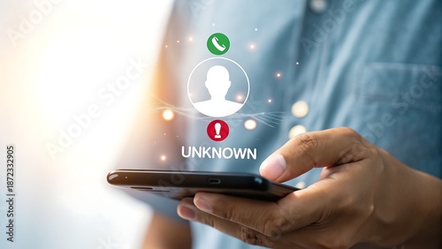 Man holding phone with unknown caller ID icon and notification alert, isolated on transparent background