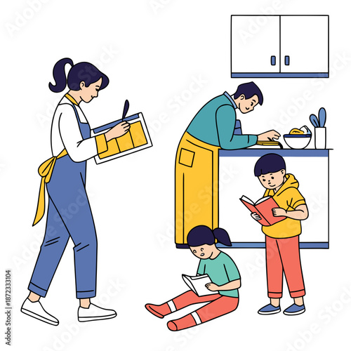 Family engaged in cooking and reading