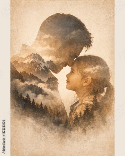 Father and Daughter Double Exposure Mountain Portrait