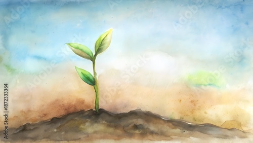 Green Plant Sprout Growing From Soil Under Bright Sky Watercolor Painting