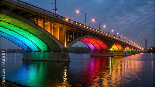 Rainbow illuminated arched bridge over calm water at dusk, night cityscape, isolated on transparent background