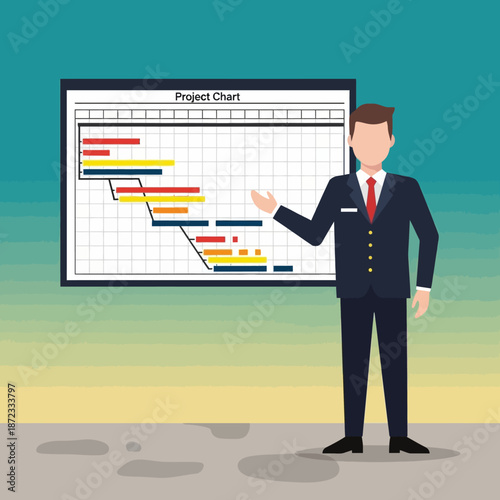 Businessman standing next to a large projection screen displaying a detailed project chart illustrating various task dependencies and timelines for efficient workflow management.
