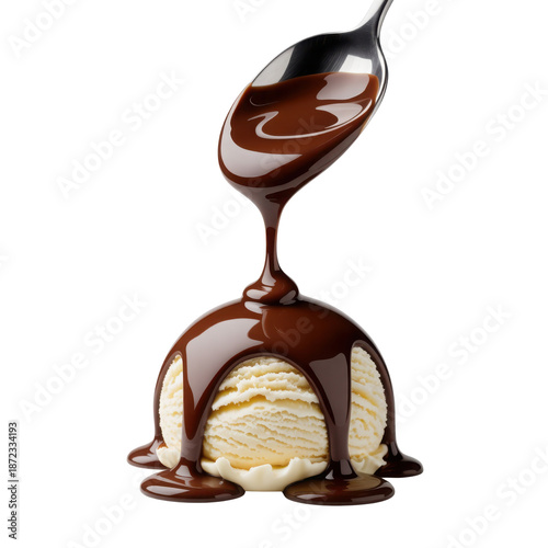Spoon drizzling chocolate over ice cream isolated on transparent background