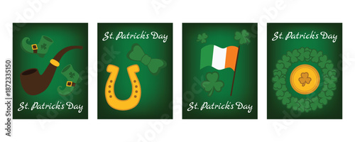 Set of vertical St. Patrick’s Day banners and greeting cards with Irish flag, shamrocks, horseshoes, leprechaun boots, smoking pipe and gold elements