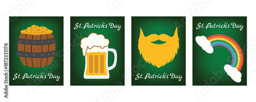 Set of vertical St. Patrick’s Day banners and greeting cards with beer glass, rainbow, leprechaun gold barrel and festive Irish symbols
