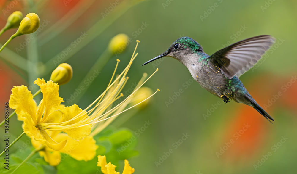 Fototapeta premium Close-up view of a flying female Antillean crested hummingbird (Orthorhyncus cristatus) at a flower - Botanical Garden of Deshaies (Caribbean island Guadeloupe)