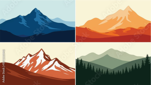 Collection of mountain landscapes. Nature mountain scenery background. Illustration of mountain landscape collection.