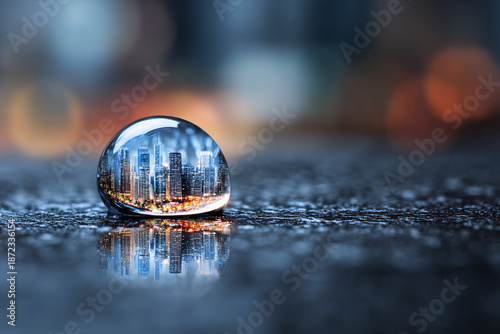 Szklana kula i kropla wody z odbiciem miasta – abstrakcyjna koncepcja