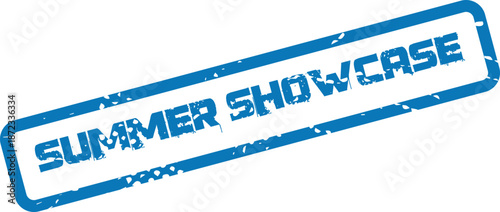 Distressed blue rubber stamp prominently displays the phrase Summer Showcase on a plain white surface