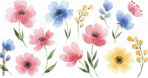 Watercolor illustration of flowers and butterflies in a serene garden scene from a top-down viewpoint