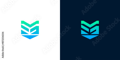 Modern Geometric Logo Design with Blue and Green Gradient on White and Dark Backgrounds