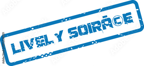 Grunge blue rubber stamp imprint reading Lively Soirée for elegant evening gatherings