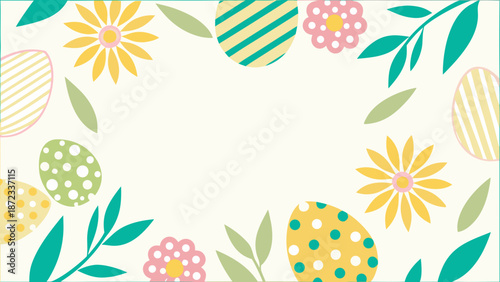 Vibrant Easter eggs and flowers in pastel colors on cream background