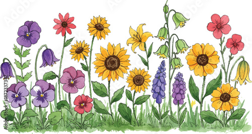 A vibrant assortment of flowers including sunflowers, petunias, and lupines bloom together in a lush garden setting from a frontal viewpoint.