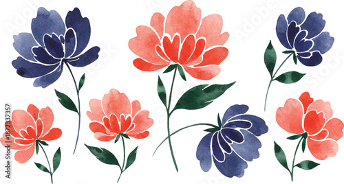 Vibrant flowers in full bloom arranged in a decorative pattern on a white background