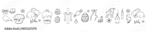 Easter border horizontal design with bunnies, flowers, easter eggs spring elements, seamless background, stencil decoration. 