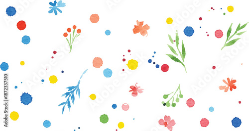 Vibrant floral pattern with colorful flowers and leaves on a white background viewed from above