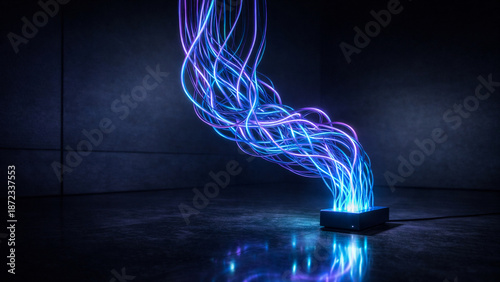 Abstract technology data stream concept vibrant neon glowing fibers emerging small device digital information flow and futuristic connectivity