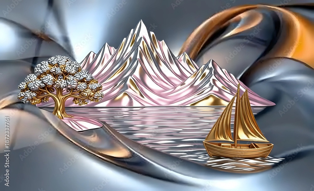 Fototapeta premium Mountain landscape with a ship 