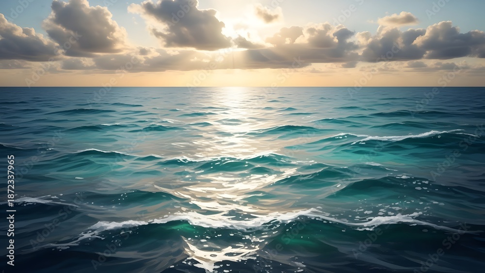 Obraz premium Serene ocean waves at sunset with cloudy sky