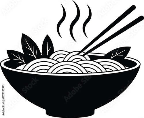 Hot noodle bowl silhouette with chopsticks and steam isolated on white background Asian food ramen udon vector illustration
