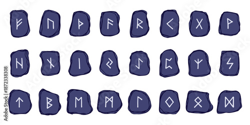 Set of hand drawn viking runes Rune stones with ancient norse alphabet characters engraved on them Scandinavian futhark germanic celtic Single element for design, print, web, decor