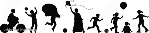 Children and adult silhouettes playing outdoors with toys, balloon, stroller, kite, tricycle, ball, roller skates, sack, and parachute
