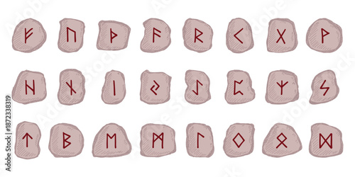Set of hand drawn viking runes Rune stones with ancient norse alphabet characters engraved on them Scandinavian futhark germanic celtic Single element for design, print, web, decor