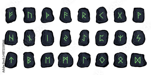 Set of hand drawn viking runes Rune stones with ancient norse alphabet characters engraved on them Scandinavian futhark germanic celtic Single element for design, print, web, decor