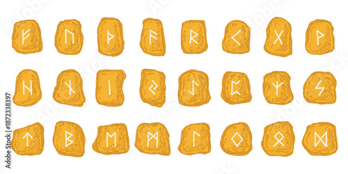 Set of hand drawn viking runes Rune stones with ancient norse alphabet characters engraved on them Scandinavian futhark germanic celtic Single element for design, print, web, decor