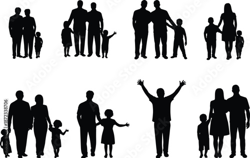 Family silhouette collection with parents and children walking, standing and celebrating together, black vector illustration set representing love, unity and family lifestyle on white background