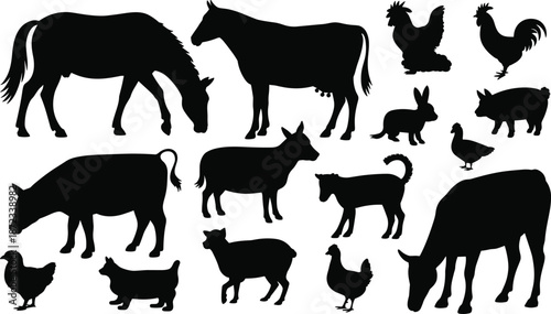 Farm animal silhouettes collection featuring livestock and poultry isolated on white background, rural agriculture animals, barnyard vector illustration set