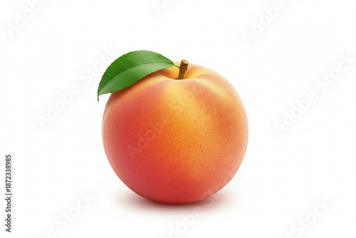 Juicy Peach Perfection: A vibrant, ripe peach with a single, lush green leaf captures the essence of summer, offering a glimpse of fresh, natural deliciousness.