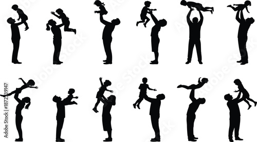 Father and Child Playing Silhouettes Set Showing Lifting, Tossing, Flying and Happy Parenting Moments Representing Family Bonding, Love and Active Fatherhood Concept