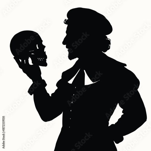 a man holding a skull, a scene from Shakespeare's Hamlet, black silhouette isolated on white background