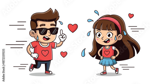 Children running and sweating in cartoon style