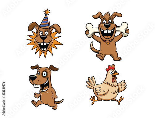 Four cartoon animals including dogs and a chicken