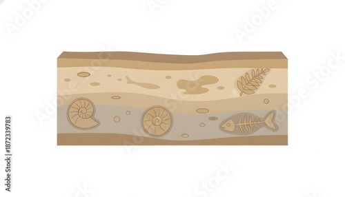 Geological cross-section depicting distinct rock strata embedded with diverse prehistoric fossils, illustrating earth's historical layers and ancient life forms