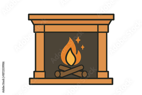 Cozy fireplace with burning logs and flame surrounded by a wooden mantle in a warm room setting