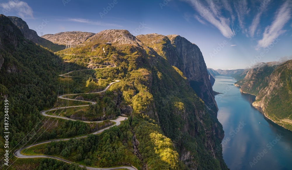 Fototapeta premium view of the hairpin turns of the Lysebotn road leading from Kierag mountain pass to Lysebotn village on the Lysefjorden