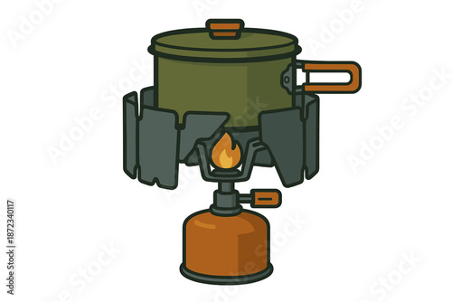 Compact camping stove with a pot in use over a gas canister on a flat surface