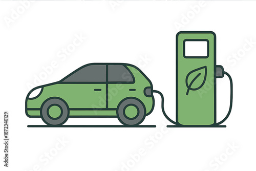Electric car charging at a station with a simple charging device and green design elements