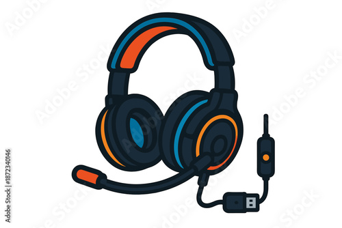 Headset with microphone and USB connection for gaming and communication use displayed against a simple background