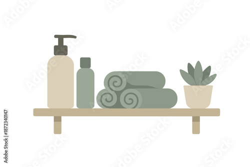 Sleek display of toiletries and towels on a wooden shelf in a bathroom setting